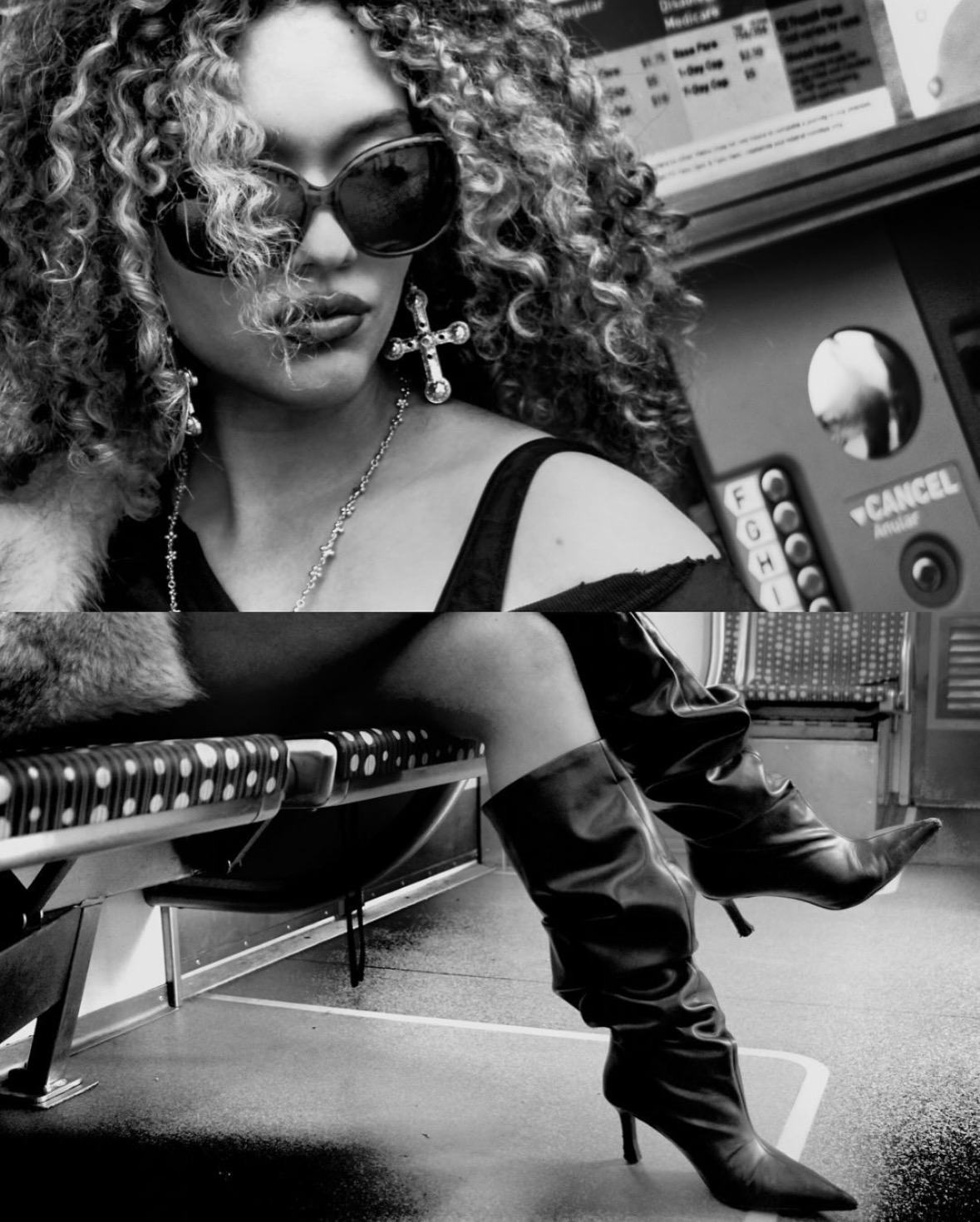 Black-and-white fashion portraits inside a Metro train