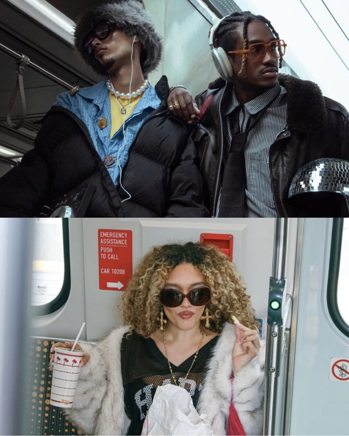 Two editorial scenes featuring colorful accessories on the train