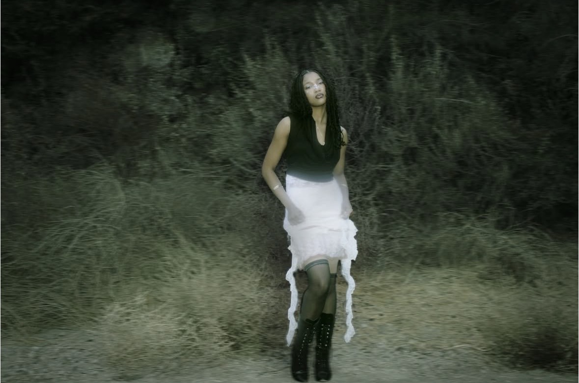 Model in a black-and-white lace look standing in a dark rural landscape