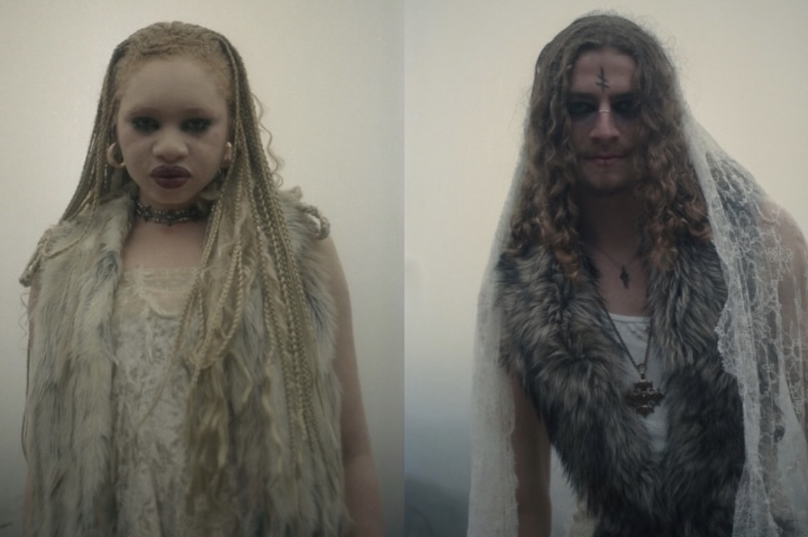 Split portrait of two models in textured, pale gothic styling