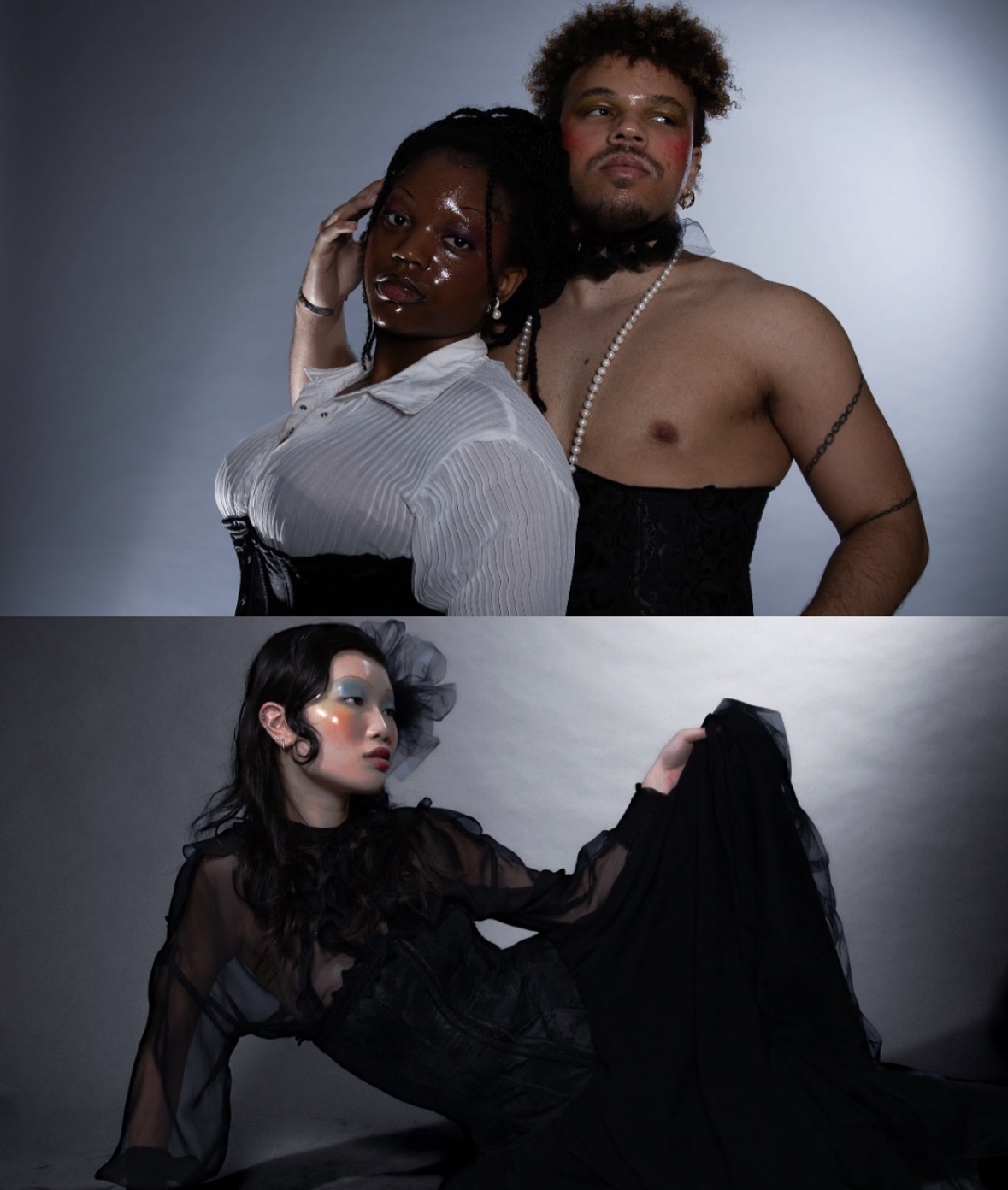 Editorial diptych featuring two models and a flowing black look